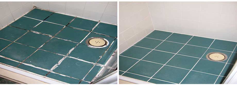 Shower floor and wall re-grout using Epoxy grouting as well as silicone replacement, photographs show the before and after of the job